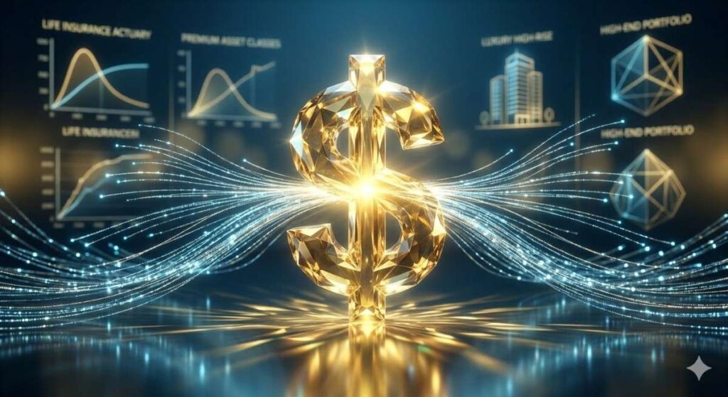Abstract gold data streams forming a dollar symbol representing high CPC bidding and premium insurance advertising value.