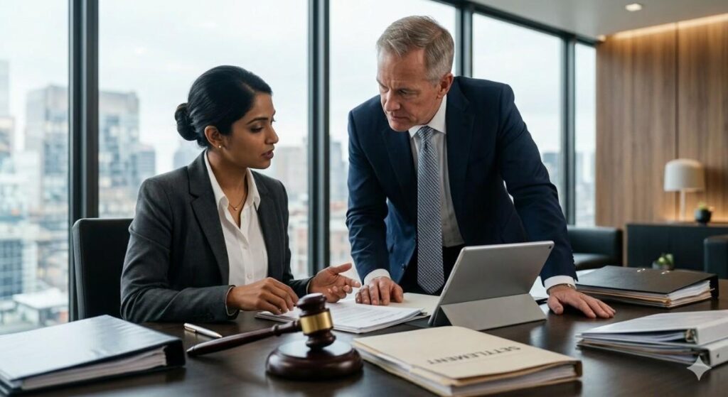 Legal and medical experts reviewing documents for a high-value mesothelioma attorney settlement in a corporate boardroom.