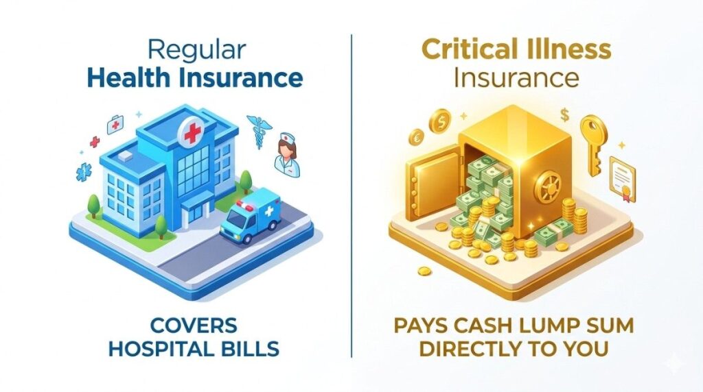 A clear 3-D isometric graphical instance evaluating normal medical insurance (Covers health center payments) with important illness insurance (can pay coins Lump Sum at once To You).
